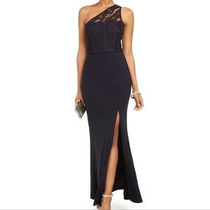 Adrianna Papell One-Shoulder Midnight BlueLace Gown